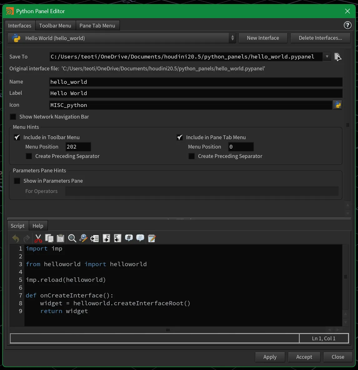 Houdini new python pane interface dialog.
